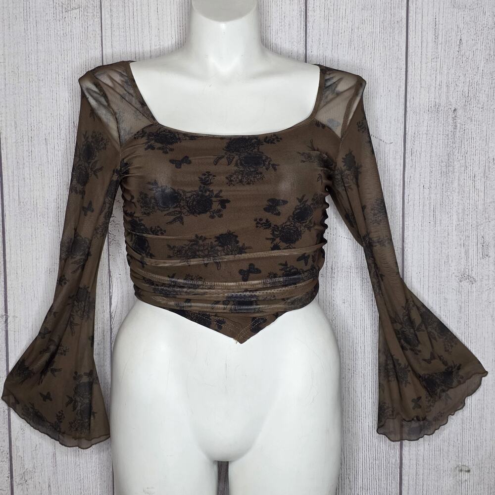 Shein Mesh Crop Top Brown Floral Bell Sleeve Fairy Goth, sz 0X